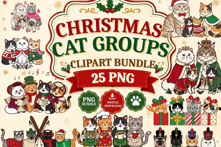 Groups of Christmas cats dressed as carolers, elves and festive characters
