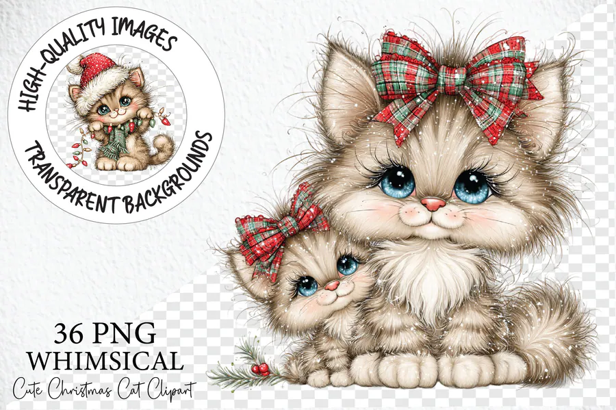 Fluffy cream Christmas kitten with a plaid bow and soft watercolor details
