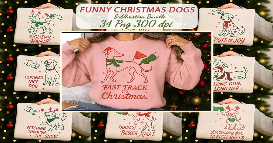 Funny line-art Christmas dogs with playful holiday puns