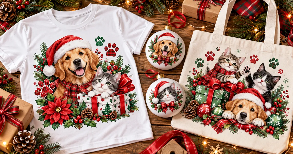 Christmas pet sublimation PNG craft ideas with festive dog and cat artwork on a shirt, tote and ornaments