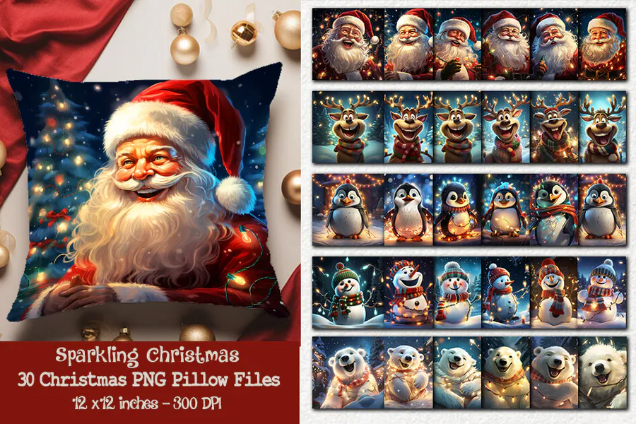 Thirty sparkling Christmas pillow designs with Santa, reindeer, penguins and snowmen