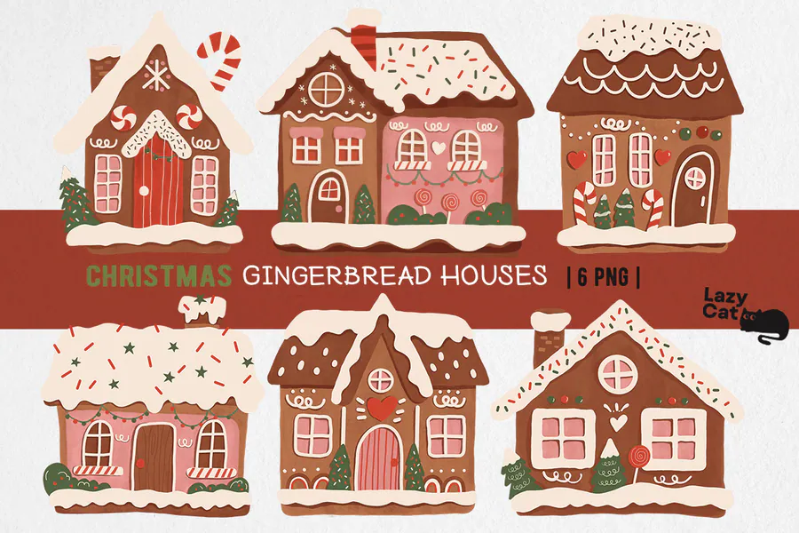 Six gingerbread house PNG illustrations with icing and candy details