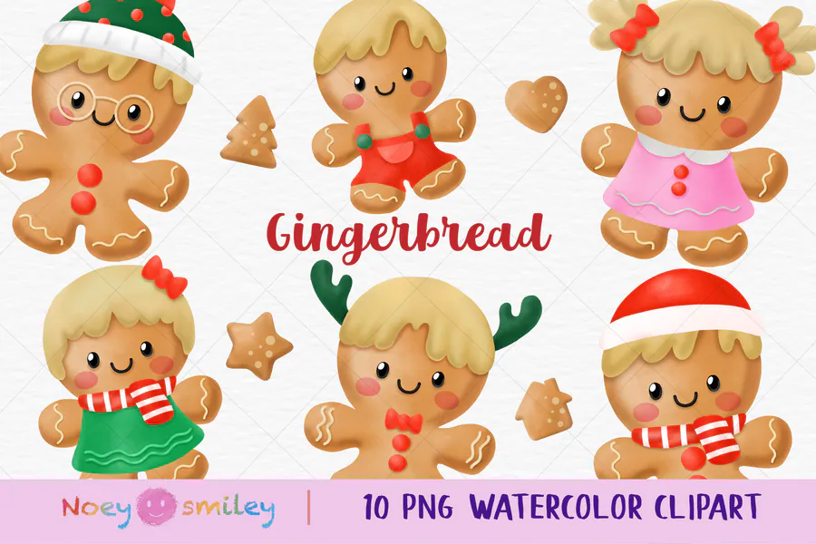 Watercolor gingerbread characters with Santa hats, scarves and bows