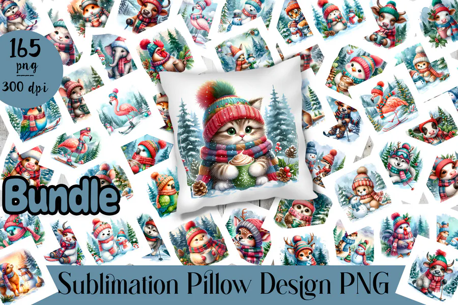 Large Christmas pillow bundle with colorful winter animals in hats and scarves