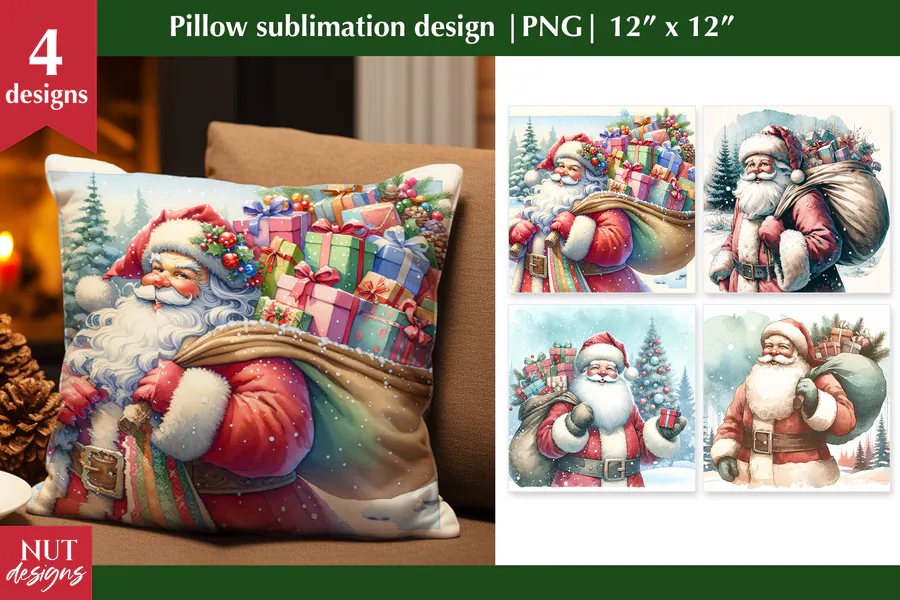 Four Santa Claus pillow designs with presents and winter details