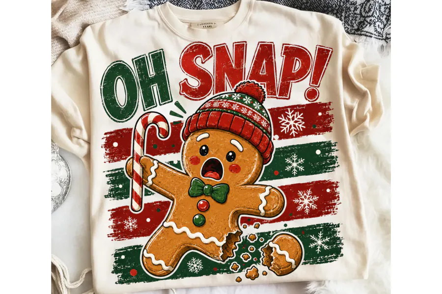 Oh Snap gingerbread character with red-and-green striped Christmas lettering