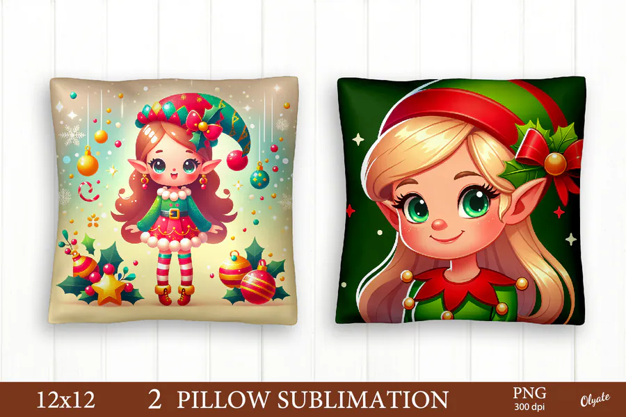Two Christmas elf pillow designs with red-and-green hats and festive accents