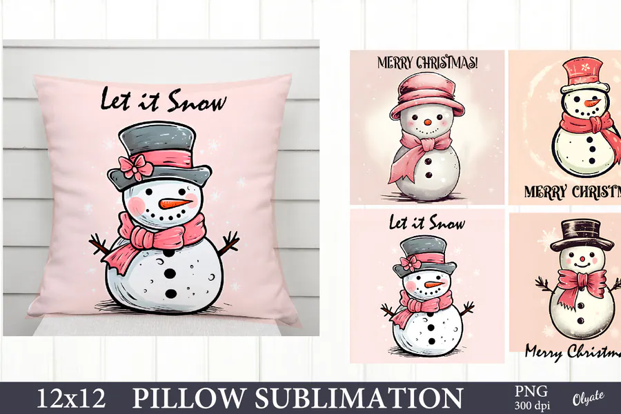 Four vintage-style snowman pillow designs in soft pink and cream colors