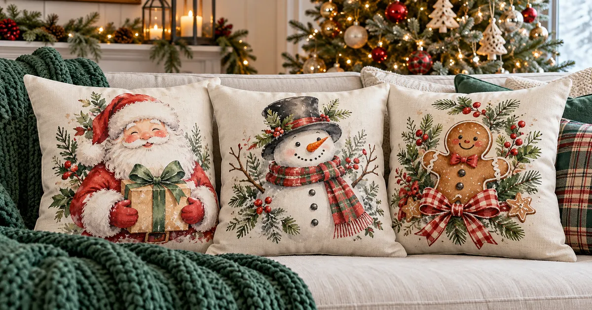 Christmas pillow cover sublimation ideas with Santa, snowman and gingerbread cushions on a cozy sofa