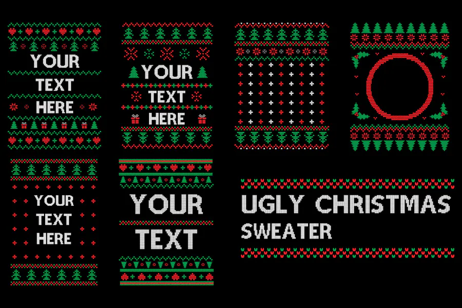 Red-and-green sweater graphics with snowflakes, reindeer and text areas