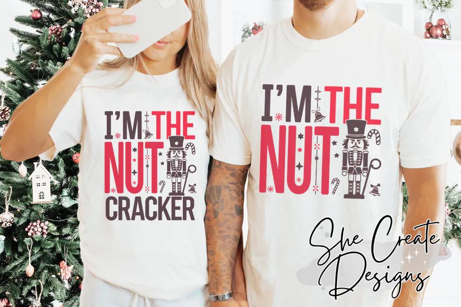 Paired Christmas shirts with nut and nutcracker wordplay