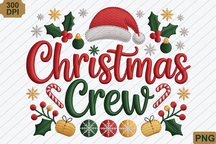Christmas Crew lettering with a Santa hat, holly and candy-cane accents