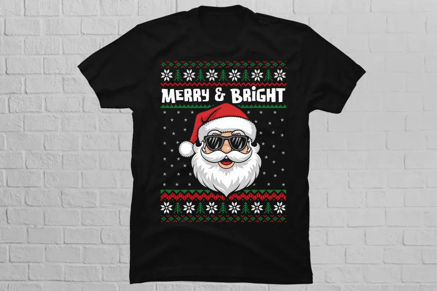 Merry and Bright Santa graphic inside a Christmas sweater border