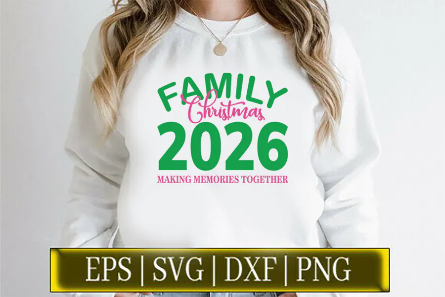 Green 2026 numerals with pink Christmas lettering and family wording