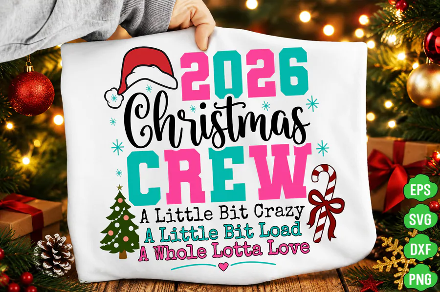 Pink-and-teal 2026 Christmas Crew graphic with festive accents
