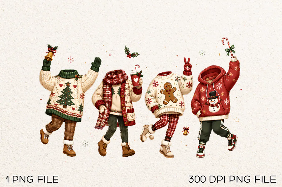 Dancing sweater figures with gingerbread, snowman and tree patterns
