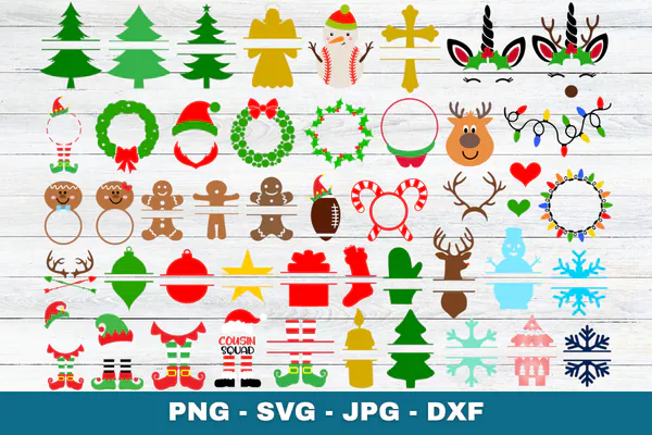 Christmas split monograms and name frames with trees and gingerbread motifs