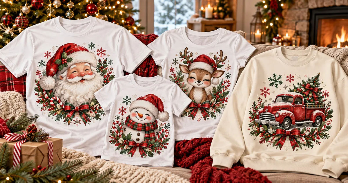 Coordinated light Christmas shirts and sweatshirts arranged with festive craft supplies
