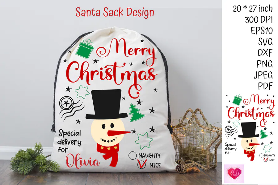Christmas gift bag design with Merry Christmas lettering and a snowman