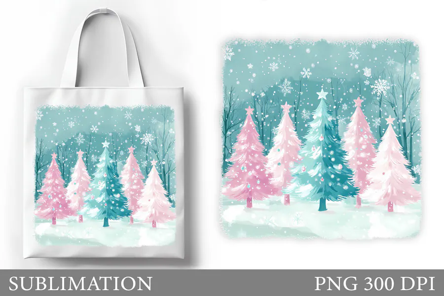 Pastel pink Christmas trees on an aqua snowy tote bag design
