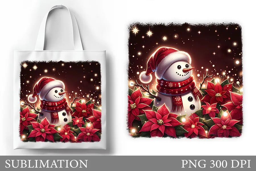 Christmas snowman tote graphic with red poinsettias and warm lights