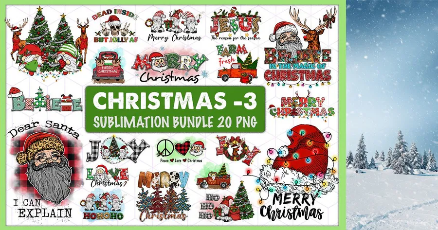Twenty Christmas sublimation designs with Santa, gnomes and vintage trucks