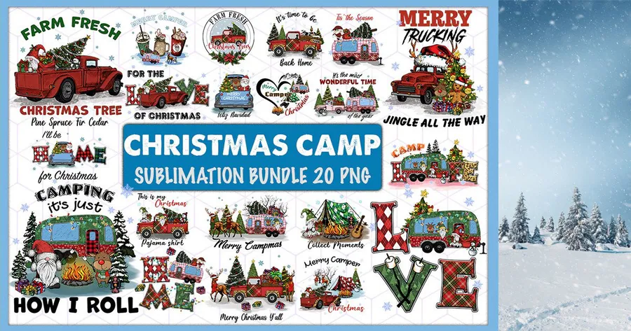 Christmas camping PNG bundle with camper vans and festive tree trucks
