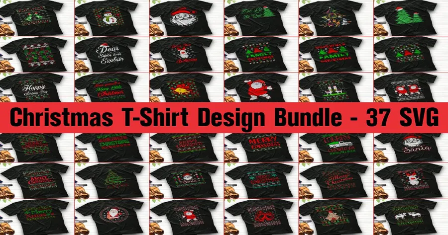 Retro Christmas design bundle with bold holiday graphics on shirt mockups