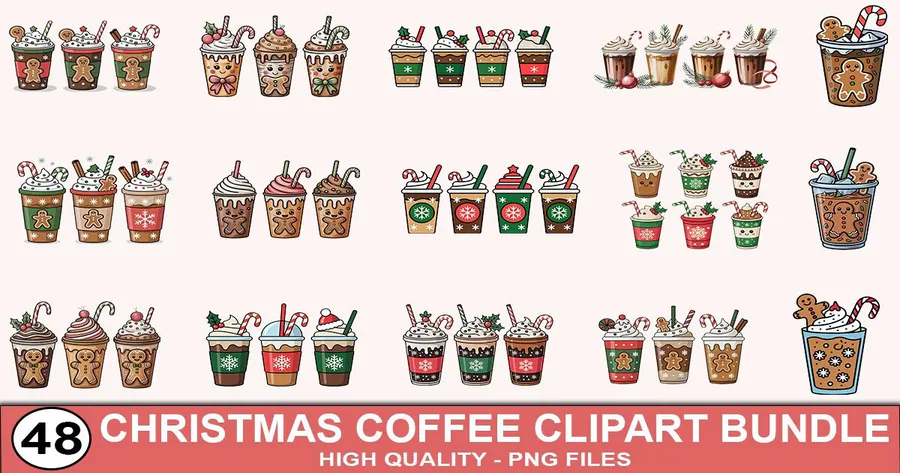Christmas coffee clipart bundle with decorated takeaway cups