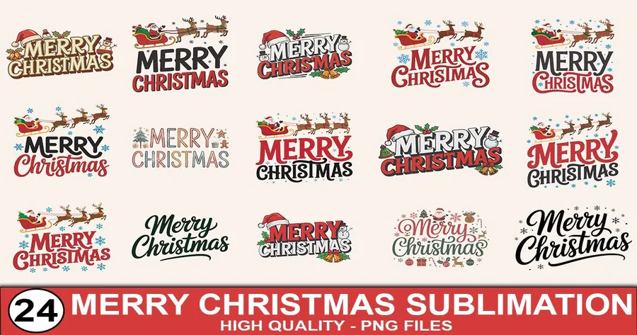 Merry Christmas PNG bundle with reindeer, trees and festive lettering