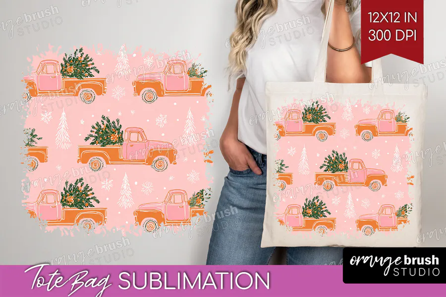 Pink Christmas tote bag artwork with trucks carrying decorated trees