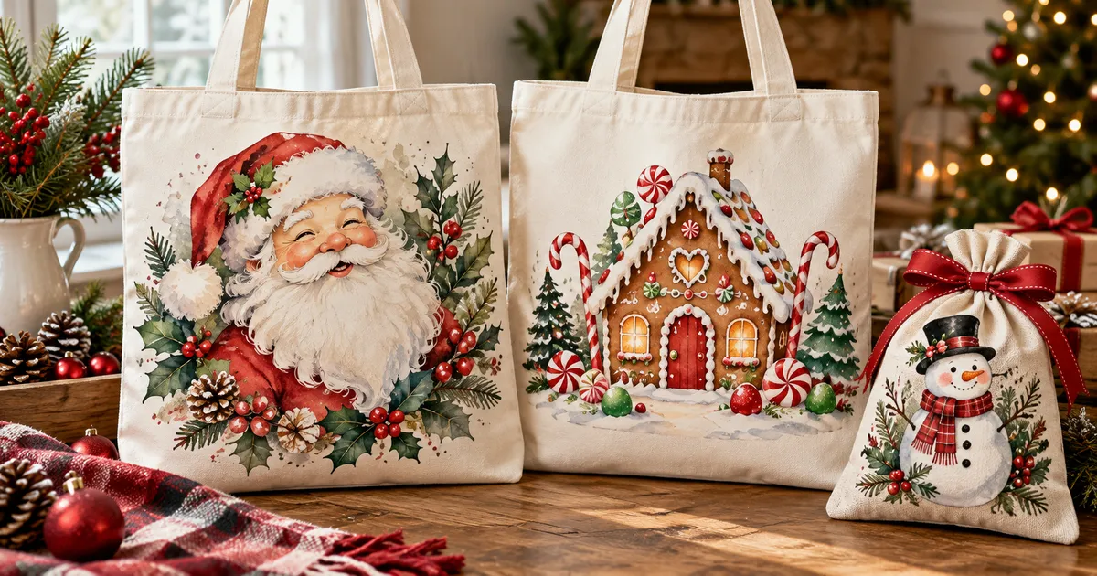 Christmas tote bag sublimation ideas with festive Santa and gingerbread prints on light shopping bags