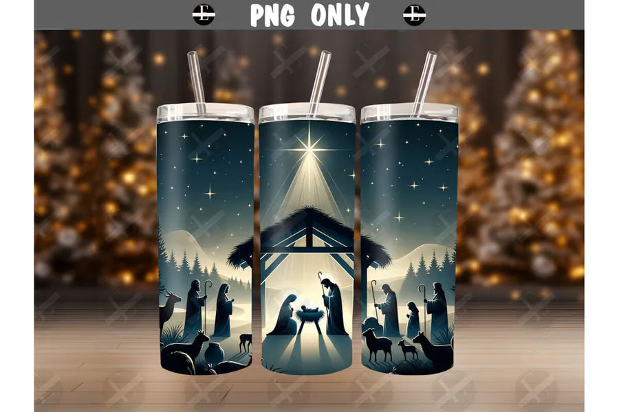 Deep blue and gold nativity tumbler scene under the North Star