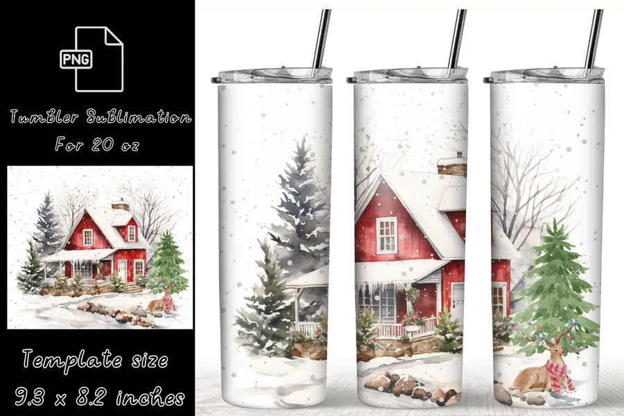 Snowy Christmas cabin and forest scene on a skinny tumbler