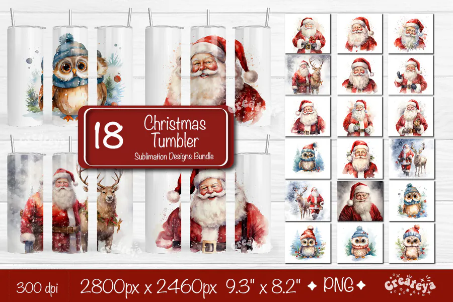 Watercolor Christmas owl and Santa wraps in an 18-design bundle