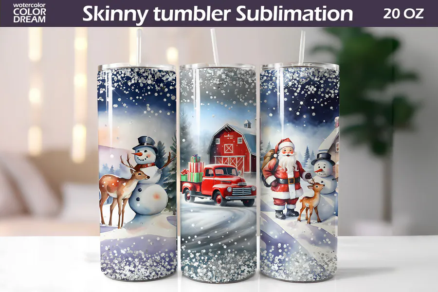 Watercolor Santa, snowman, deer and red truck in a snowy scene