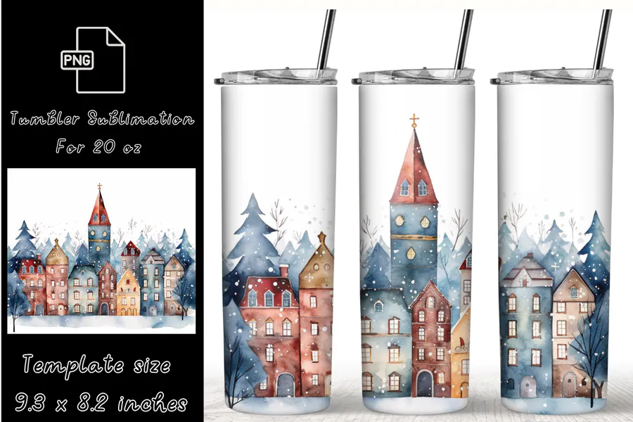 Watercolor winter village and church with snow and warm lights