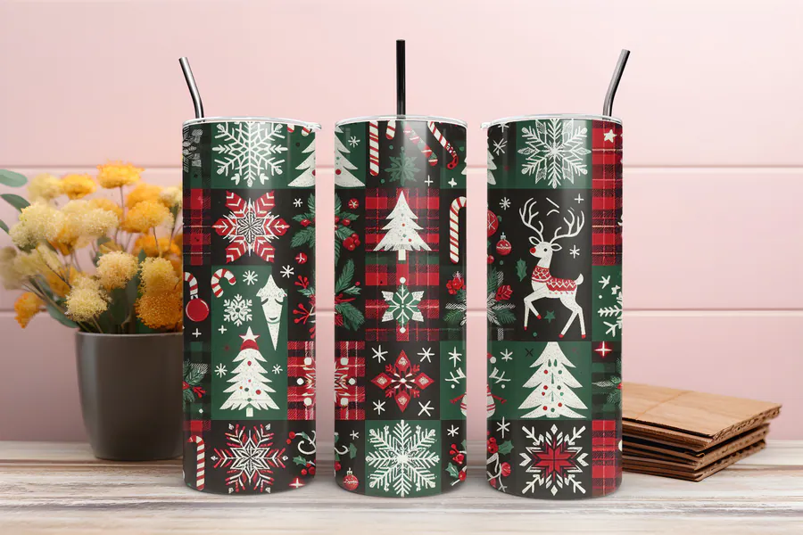 Buffalo plaid Christmas wrap with pine and white snowflakes