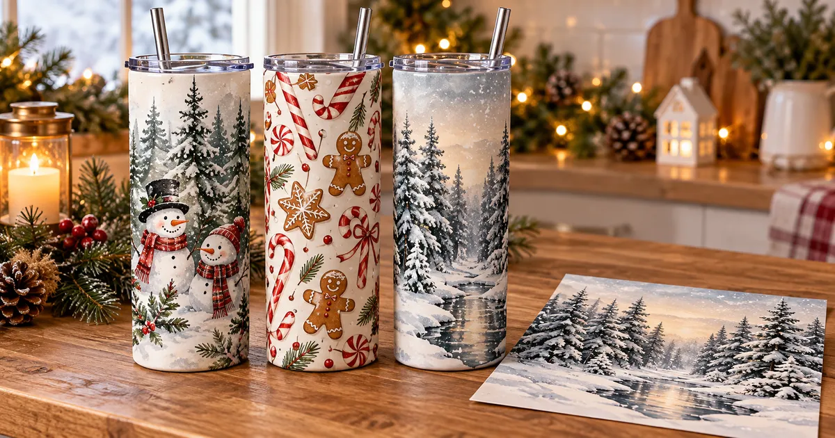 Christmas skinny tumblers with watercolor winter and candy-inspired motifs on a bright craft table