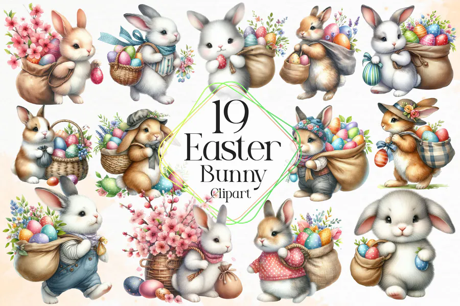 Preview of nineteen Easter rabbits holding eggs and spring flowers