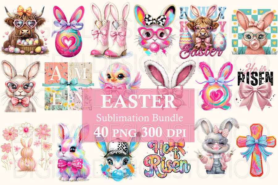 Preview of forty Easter PNG designs with rabbits, bows and pastel brushstrokes