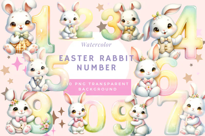 Preview of watercolor Easter rabbits beside ten pastel number designs