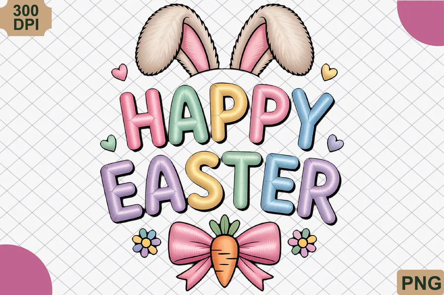 Happy Easter pastel lettering with bunny ears, a bow and a carrot