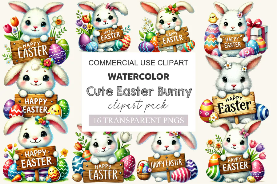 Preview of sixteen cheerful Easter bunny PNGs with flowers and greetings