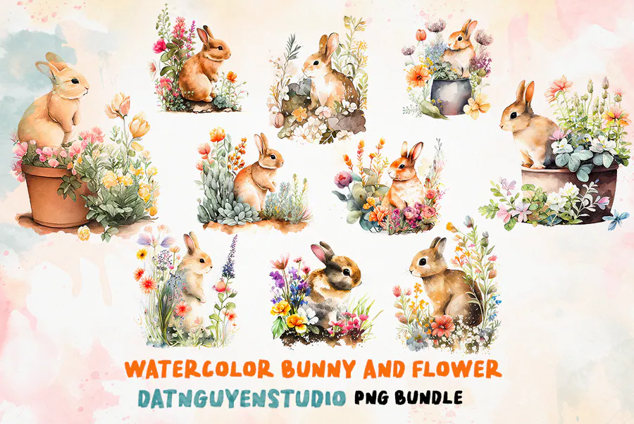Watercolor bunny and flower bundle preview with soft spring compositions
