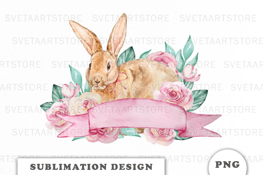 Watercolor rabbit with pink roses and a Happy Easter ribbon