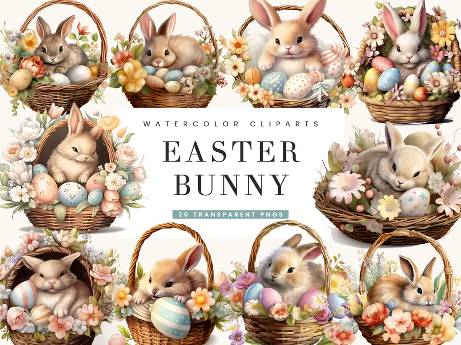 Twenty watercolor Easter basket scenes with rabbits, flowers and eggs
