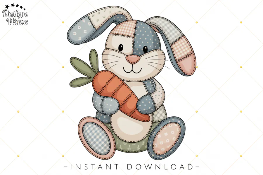 Pastel patchwork bunny holding a carrot with stitched fabric details