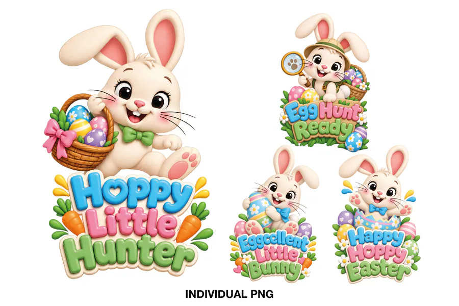Four cute Easter bunny PNGs with Hoppy Little Hunter and egg-hunt phrases