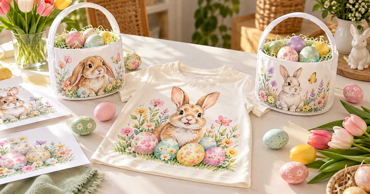 Pastel bunny designs on a child's shirt and polyester Easter gift baskets in a spring craft room